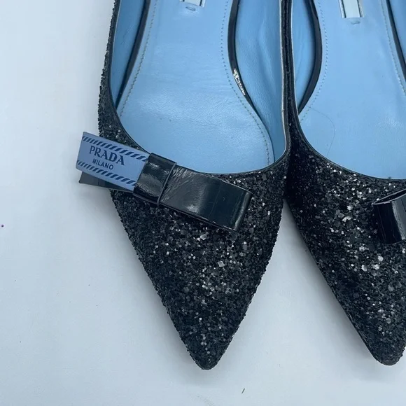 Prada Black Glitter leather bow logo embellished pointed toe ballet flats 38.5 - Picture 3 of 11